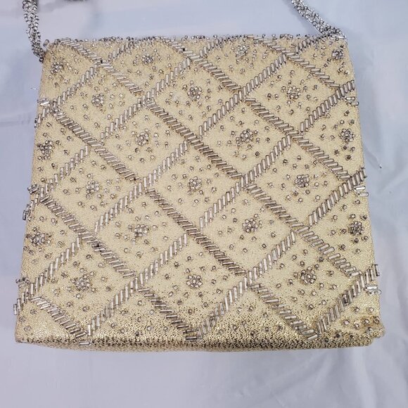 La Regale Gold Beaded Glass Beads Jeweled Trim Shoulder Evening Bag - Picture 1 of 15
